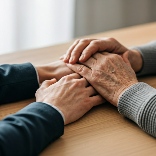 Sosionom og eldre person holder hender, trygghet og omsorg